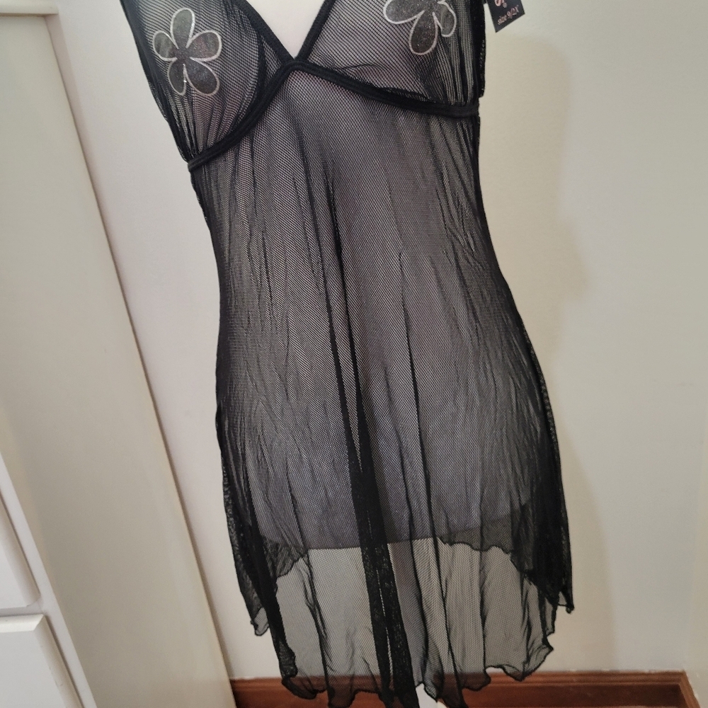NWT Lady Princess Mesh See Through Slip Dress Floral Black Lagenlook Goth | Med - Picture 4 of 9
